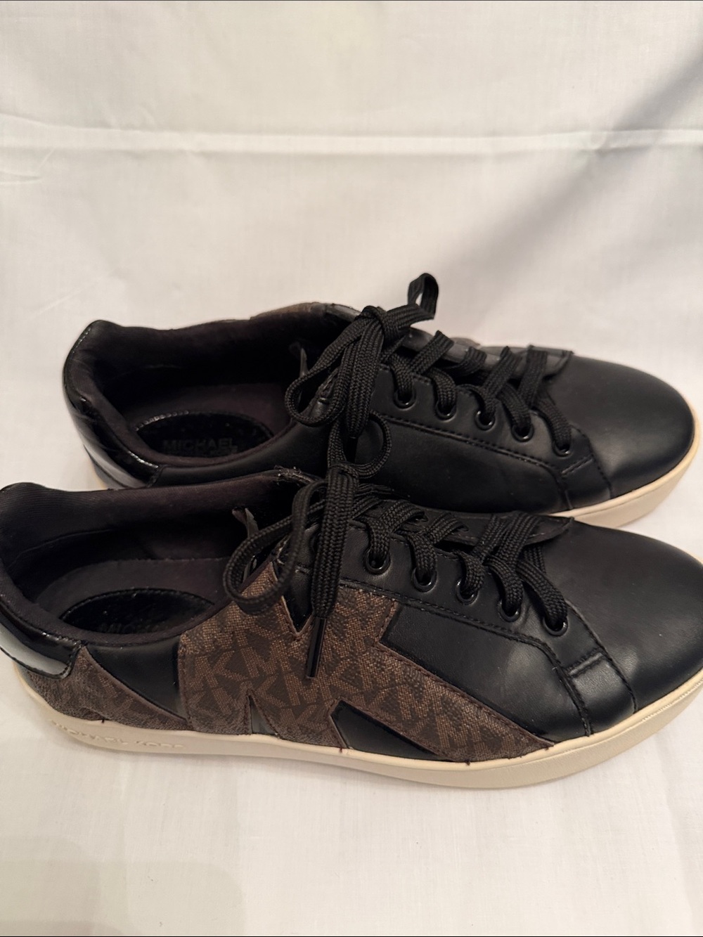Michael Kors Black Leather Sneakers with Brown Logo Panels